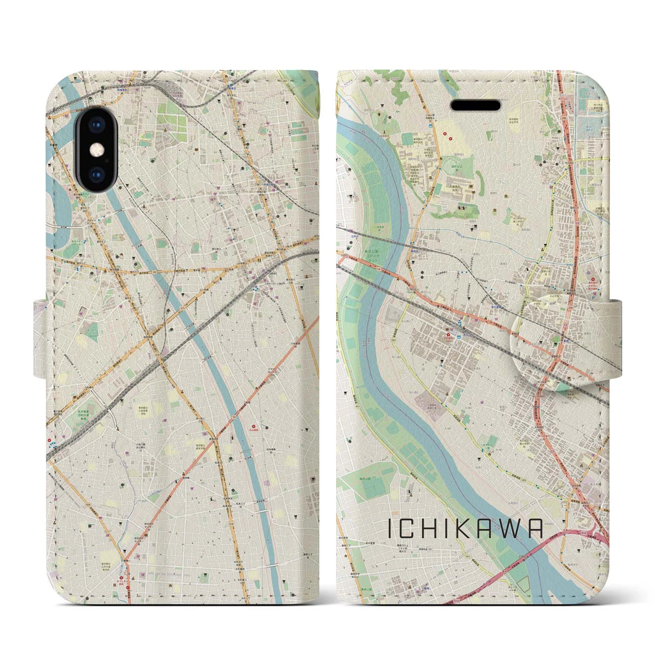 【市川（千葉県）】地図柄iPhoneケース（手帳タイプ）ナチュラル・iPhone XS / X 用