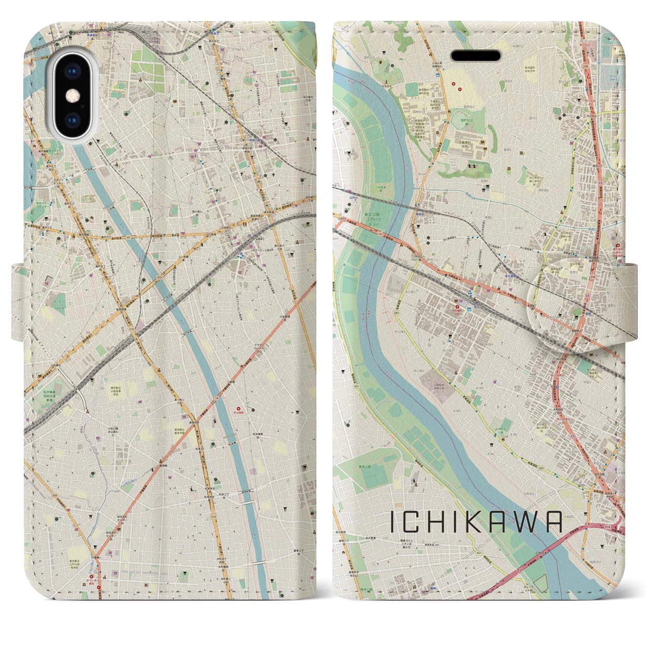 【市川（千葉県）】地図柄iPhoneケース（手帳タイプ）ナチュラル・iPhone XS Max 用