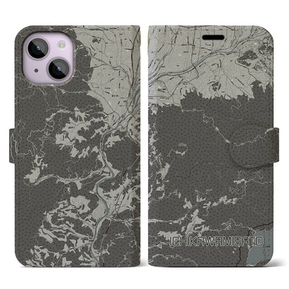 【市川三郷（山梨県）】地図柄iPhoneケース（手帳タイプ）モノトーン・iPhone 14 用