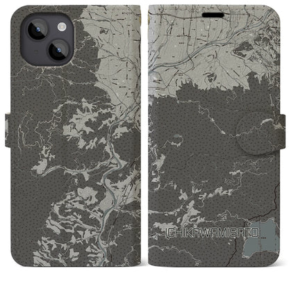 【市川三郷（山梨県）】地図柄iPhoneケース（手帳タイプ）モノトーン・iPhone 14 Plus 用