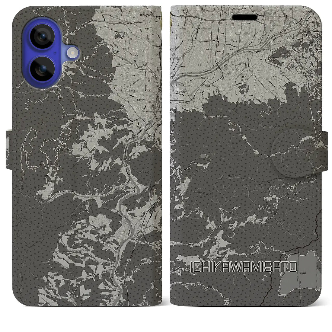 【市川三郷(山梨県)】地図柄iPhoneケース(手帳タイプ)モノトーン・iPhone 16 Pro Max 用