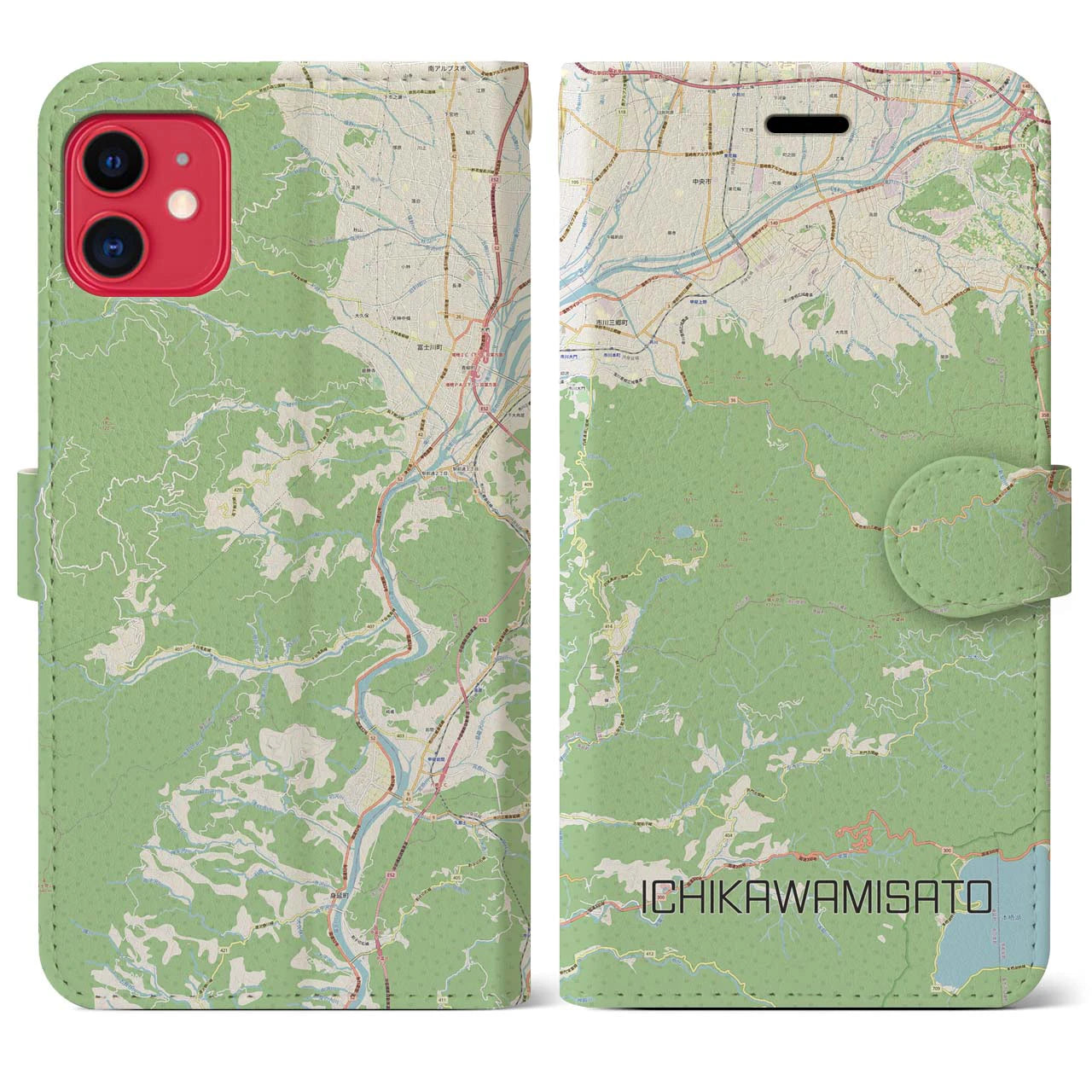 【市川三郷（山梨県）】地図柄iPhoneケース（手帳タイプ）ナチュラル・iPhone 11 用