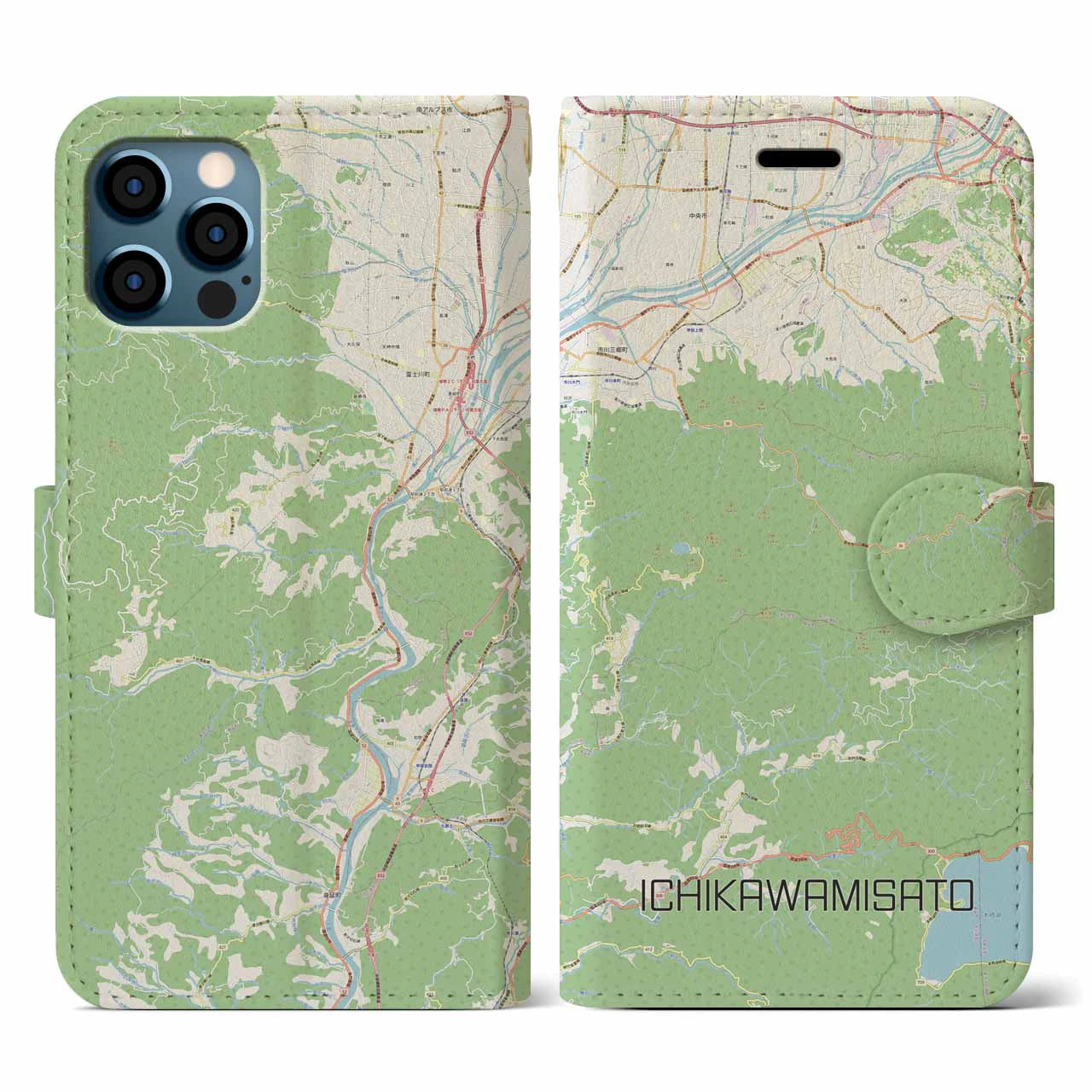 【市川三郷（山梨県）】地図柄iPhoneケース（手帳タイプ）ナチュラル・iPhone 12 / 12 Pro 用