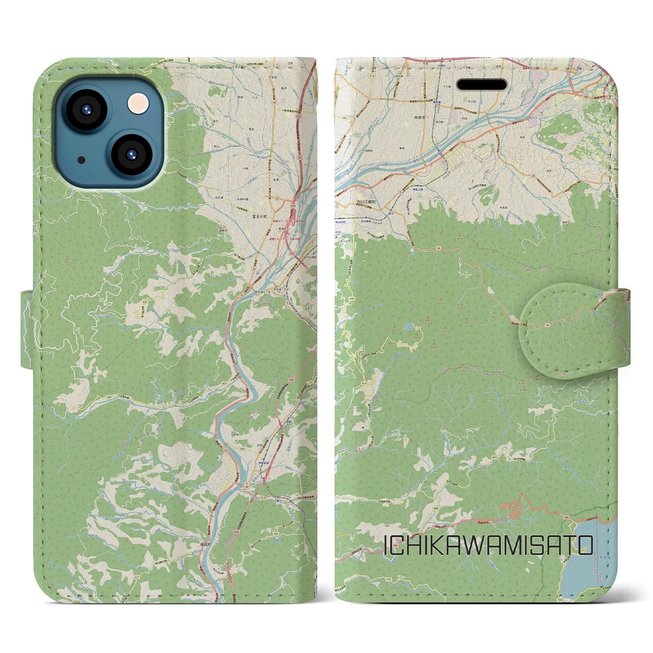 【市川三郷（山梨県）】地図柄iPhoneケース（手帳タイプ）ナチュラル・iPhone 13 用