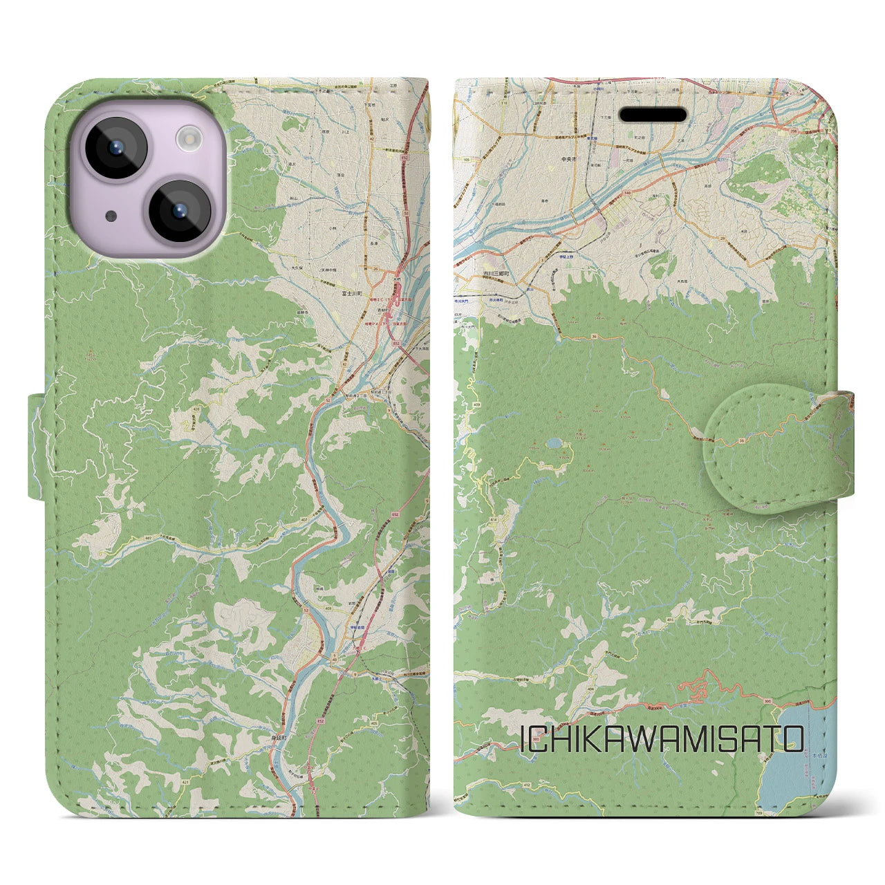 【市川三郷（山梨県）】地図柄iPhoneケース（手帳タイプ）ナチュラル・iPhone 14 用