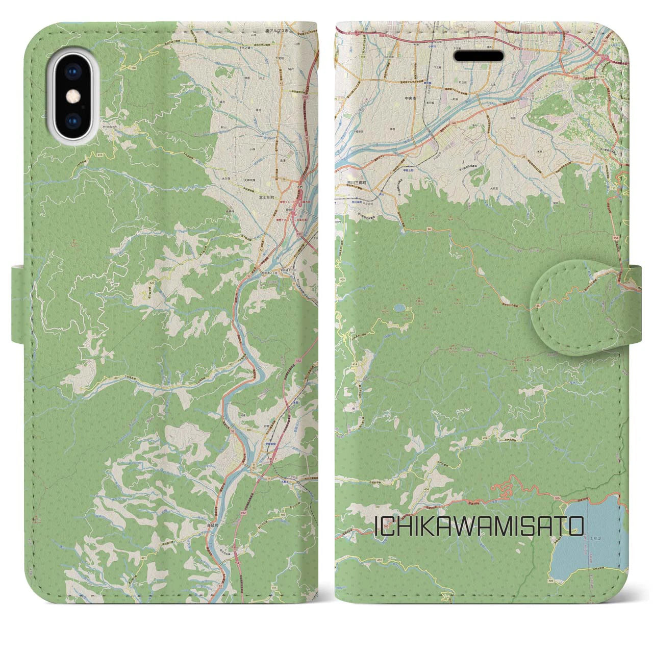 【市川三郷（山梨県）】地図柄iPhoneケース（手帳タイプ）ナチュラル・iPhone XS Max 用