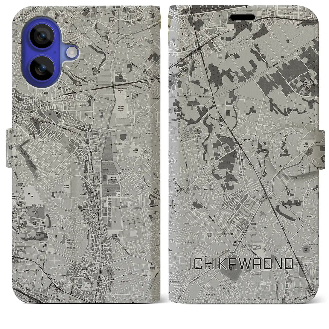 【市川大野(千葉県)】地図柄iPhoneケース(手帳タイプ)モノトーン・iPhone 16 Pro Max 用