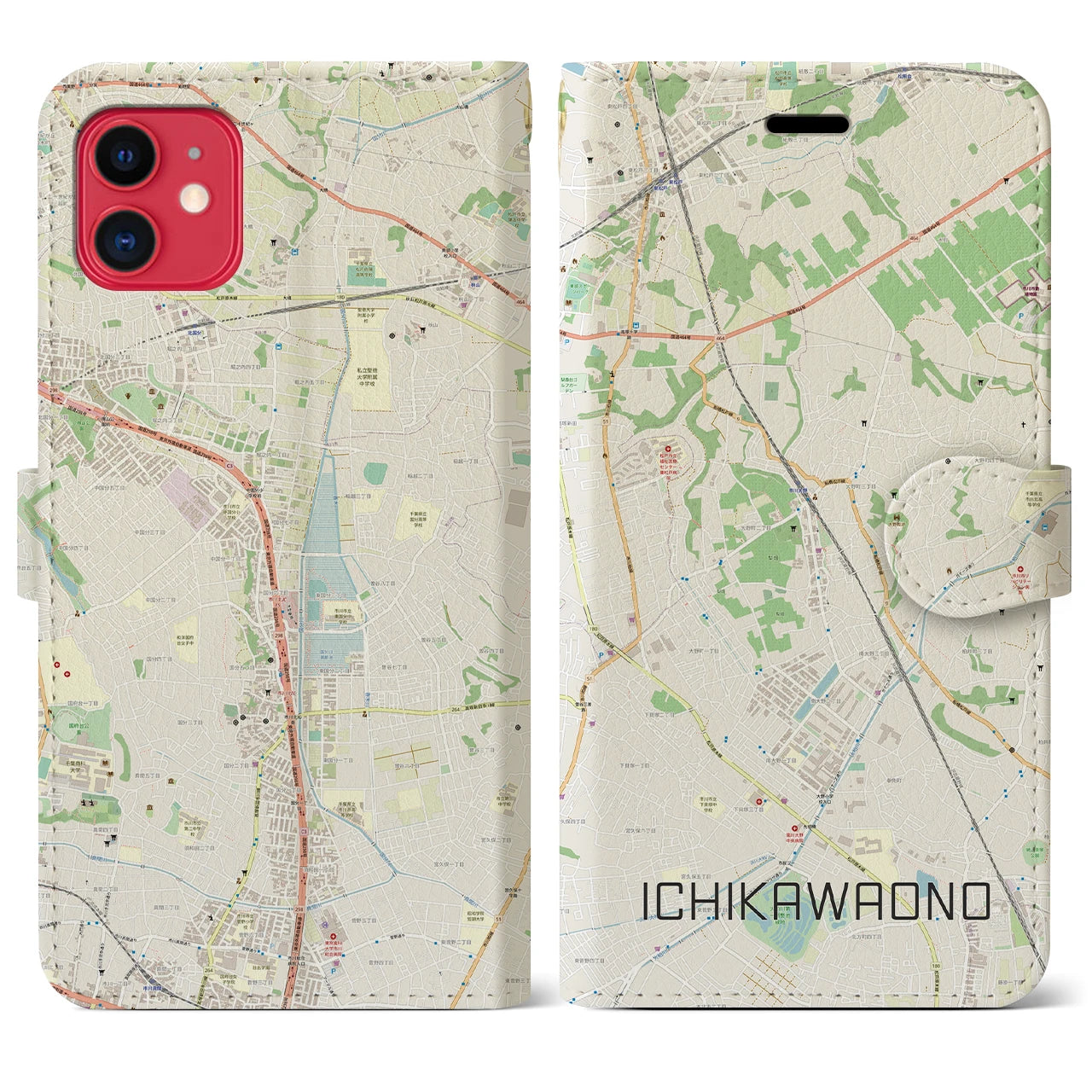 【市川大野（千葉県）】地図柄iPhoneケース（手帳タイプ）ナチュラル・iPhone 11 用