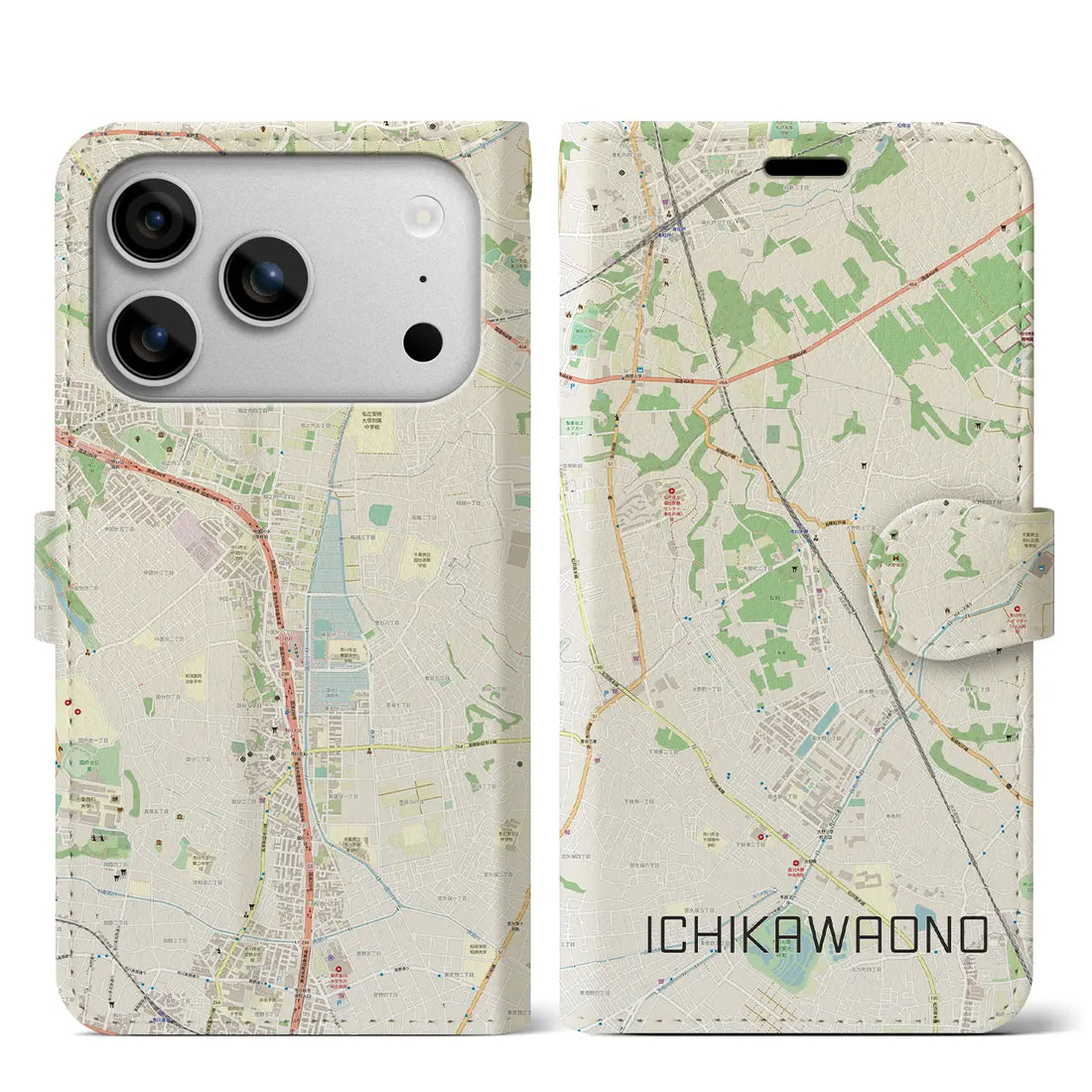 【市川大野（千葉県）】地図柄iPhoneケース（手帳タイプ）モノトーン・iPhone 17 Pro Max 用