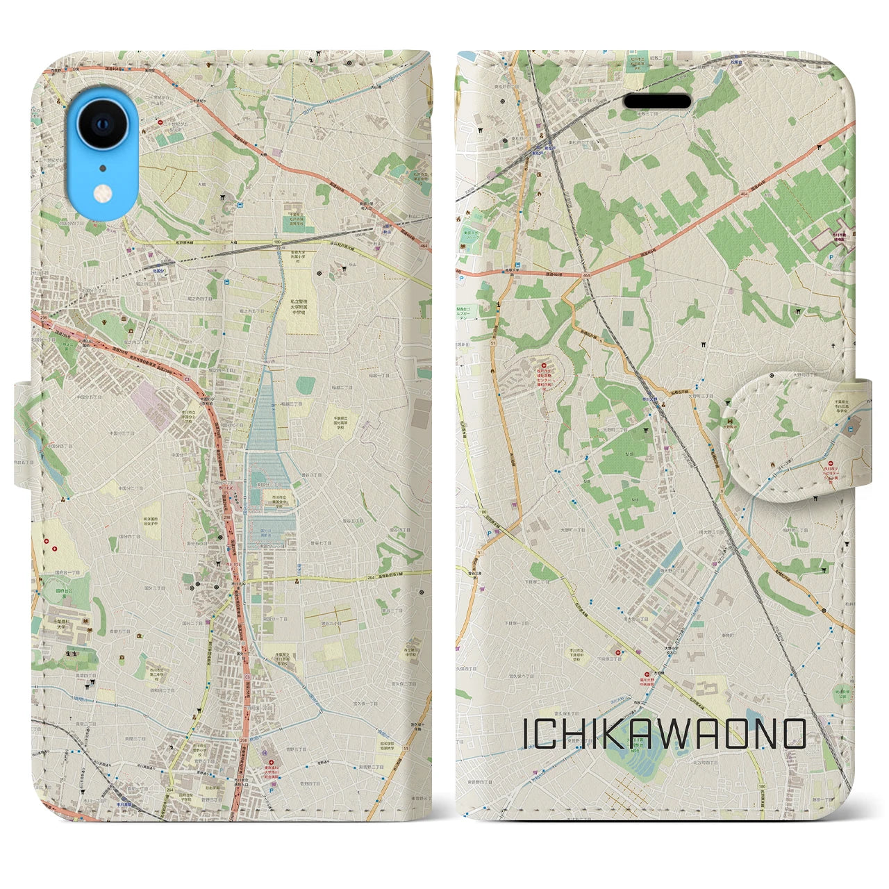 【市川大野（千葉県）】地図柄iPhoneケース（手帳タイプ）ナチュラル・iPhone XR 用