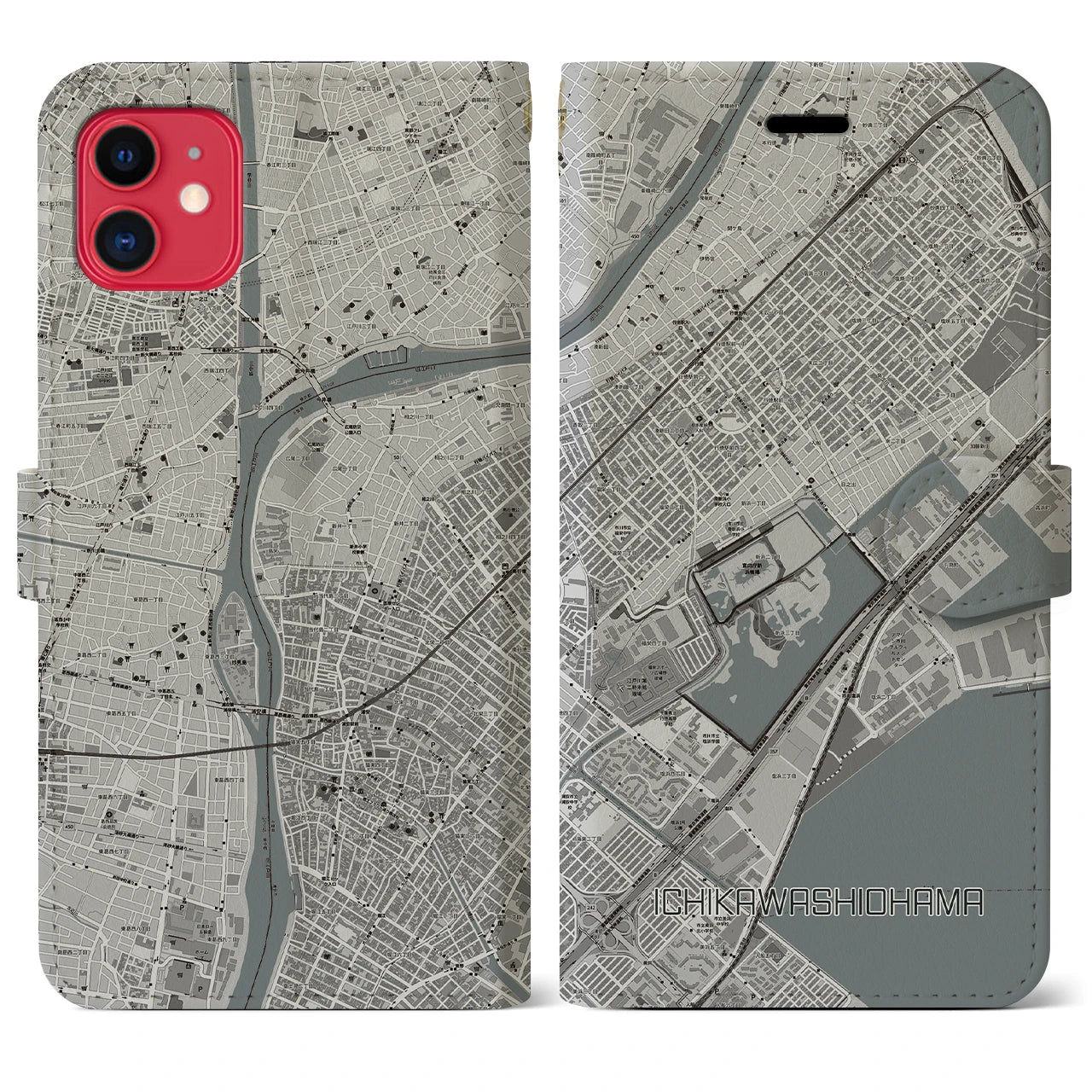 【市川塩浜】地図柄iPhoneケース（手帳両面タイプ・モノトーン）iPhone 11 用