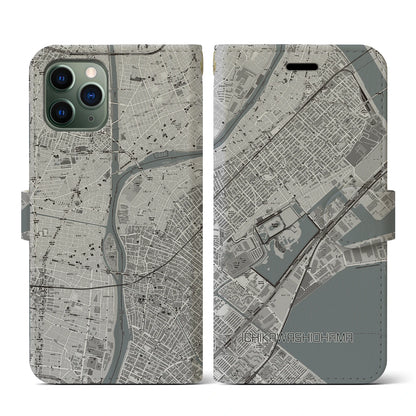 【市川塩浜（千葉県）】地図柄iPhoneケース（手帳タイプ）モノトーン・iPhone 11 Pro 用