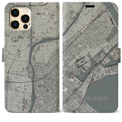 【市川塩浜（千葉県）】地図柄iPhoneケース（手帳タイプ）モノトーン・iPhone 12 Pro Max 用