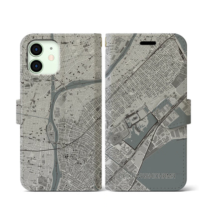 【市川塩浜（千葉県）】地図柄iPhoneケース（手帳タイプ）モノトーン・iPhone 12 mini 用