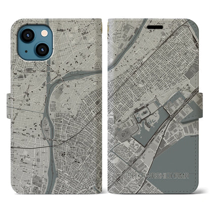 【市川塩浜（千葉県）】地図柄iPhoneケース（手帳タイプ）モノトーン・iPhone 13 用