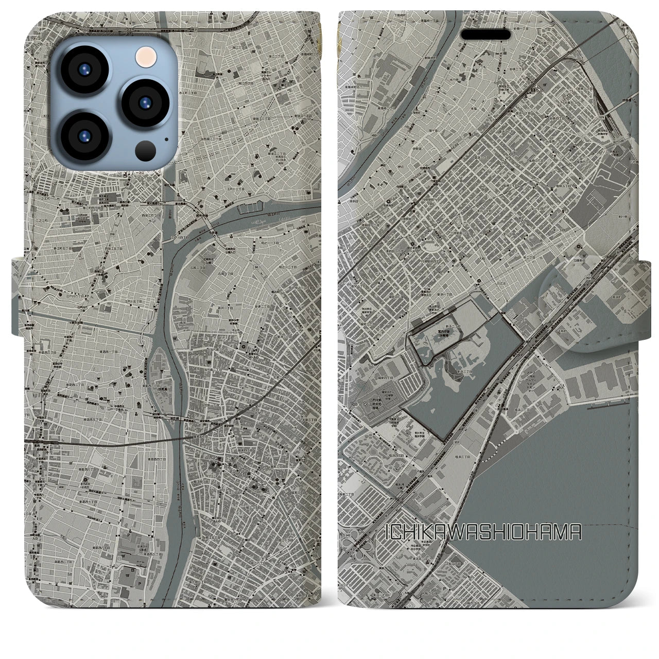 【市川塩浜】地図柄iPhoneケース（手帳両面タイプ・モノトーン）iPhone 13 Pro Max 用