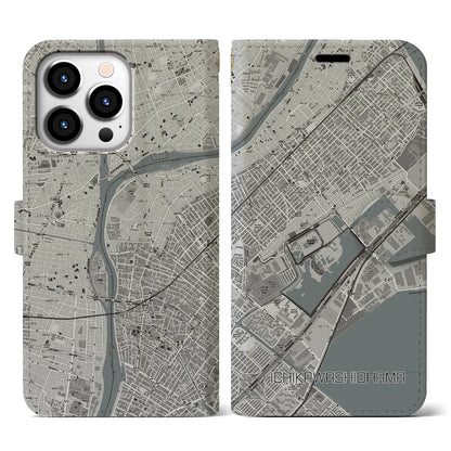 【市川塩浜（千葉県）】地図柄iPhoneケース（手帳タイプ）モノトーン・iPhone 13 Pro 用