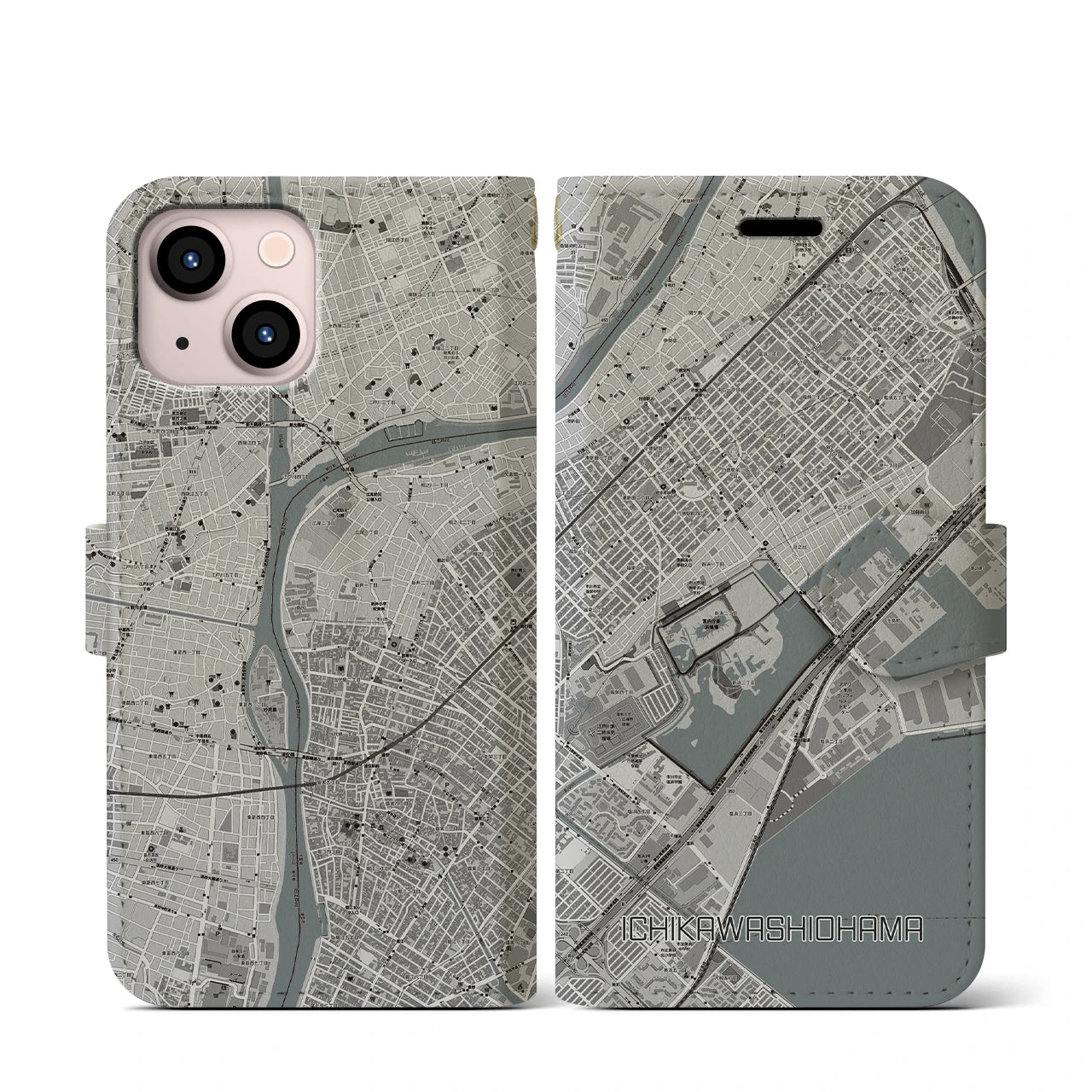 【市川塩浜】地図柄iPhoneケース（手帳両面タイプ・モノトーン）iPhone 13 mini 用