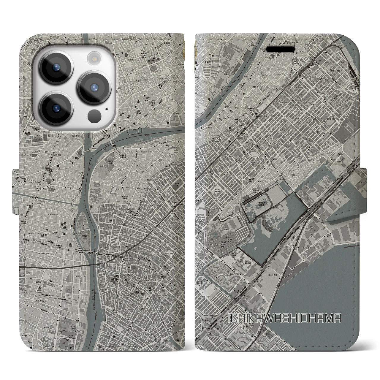 【市川塩浜】地図柄iPhoneケース（手帳両面タイプ・モノトーン）iPhone 14 Pro 用