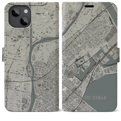 【市川塩浜（千葉県）】地図柄iPhoneケース（手帳タイプ）モノトーン・iPhone 14 Plus 用