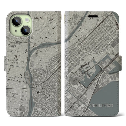 【市川塩浜（千葉県）】地図柄iPhoneケース（手帳タイプ）モノトーン・iPhone 15 用