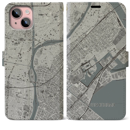 【市川塩浜（千葉県）】地図柄iPhoneケース（手帳タイプ）モノトーン・iPhone 15 Plus 用