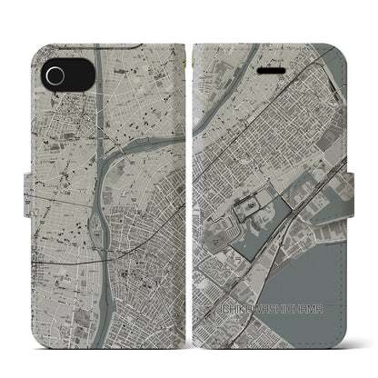 【市川塩浜（千葉県）】地図柄iPhoneケース（手帳タイプ）モノトーン・iPhone SE（第3 / 第2世代） / 8 / 7 / 6s / 6 用