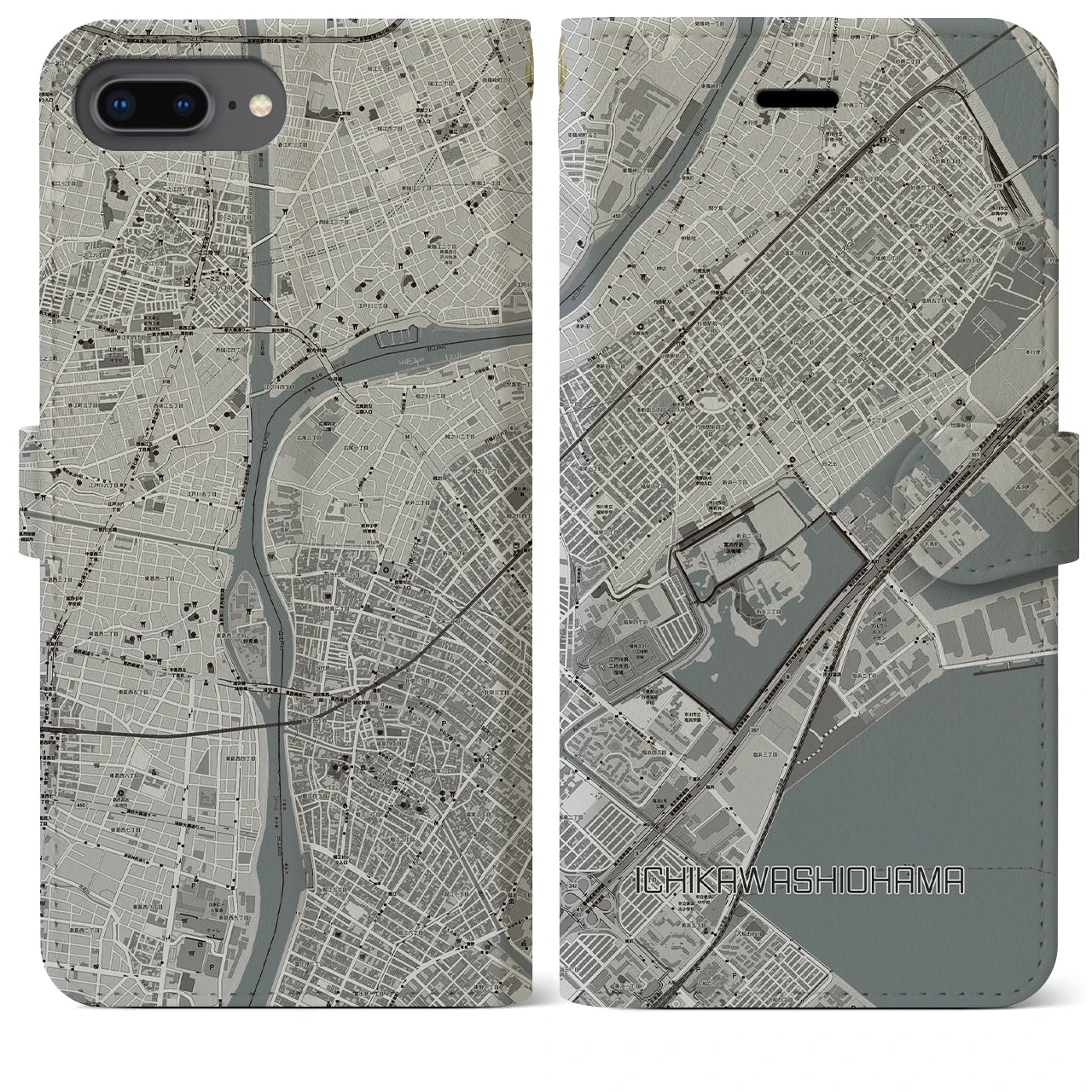 【市川塩浜】地図柄iPhoneケース（手帳両面タイプ・モノトーン）iPhone 8Plus /7Plus / 6sPlus / 6Plus 用