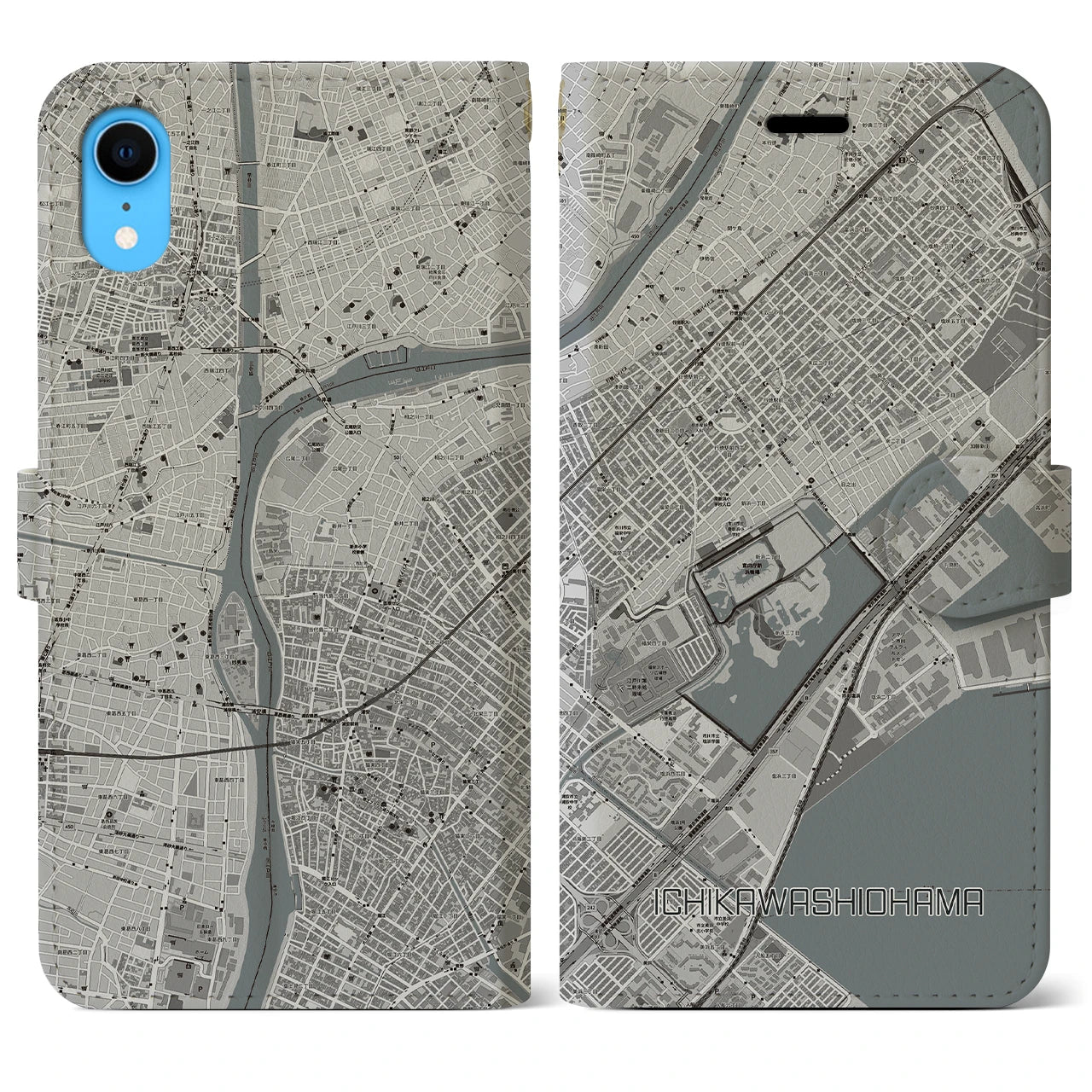 【市川塩浜】地図柄iPhoneケース（手帳両面タイプ・モノトーン）iPhone XR 用