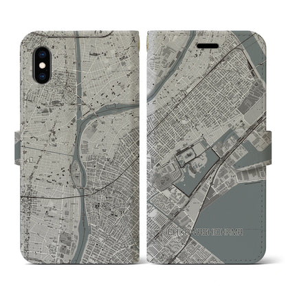 【市川塩浜（千葉県）】地図柄iPhoneケース（手帳タイプ）モノトーン・iPhone XS / X 用