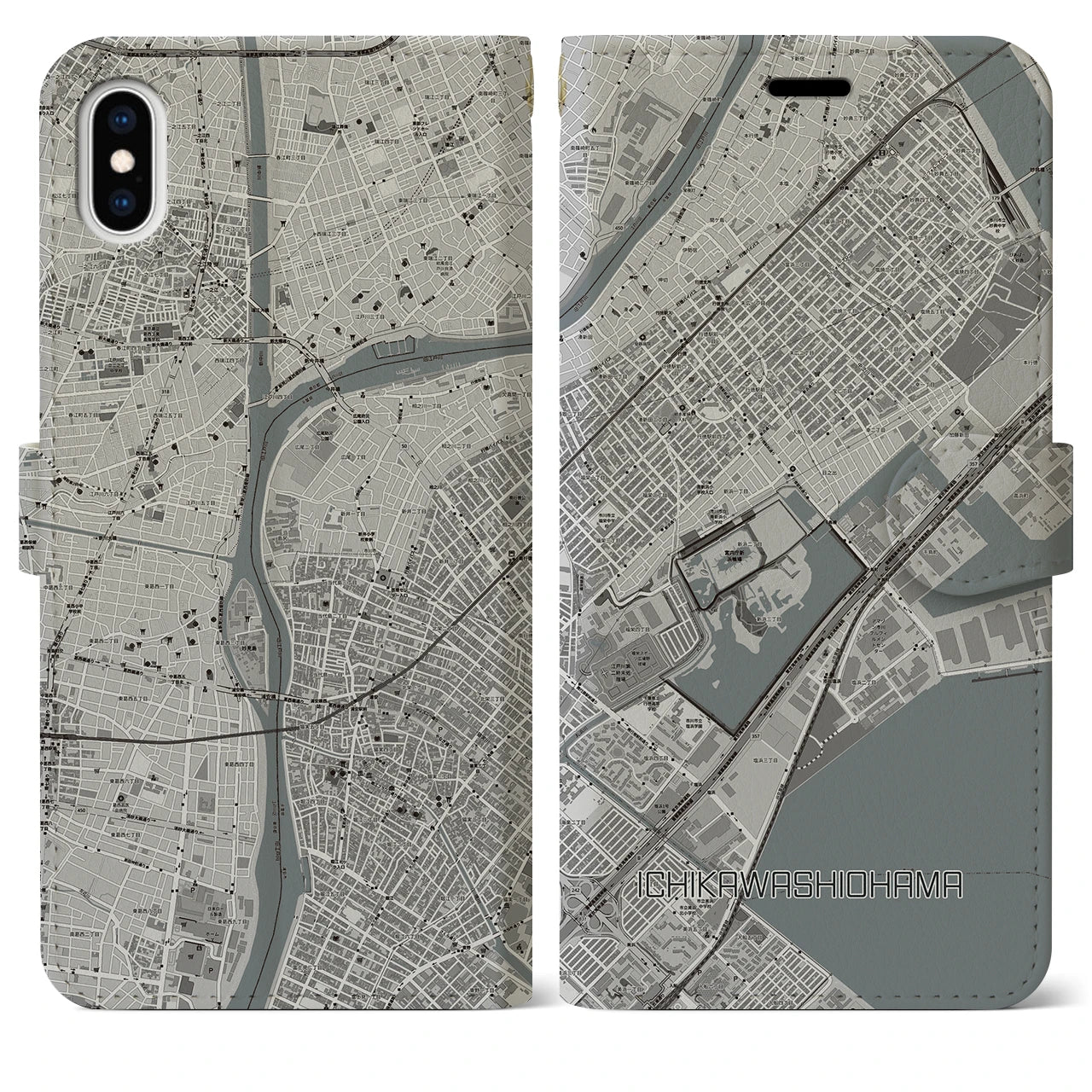 【市川塩浜】地図柄iPhoneケース（手帳両面タイプ・モノトーン）iPhone XS Max 用