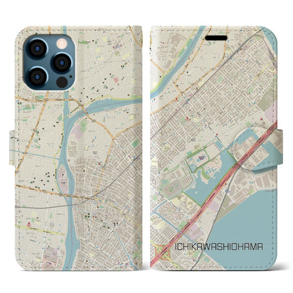 【市川塩浜（千葉県）】地図柄iPhoneケース（手帳タイプ）ナチュラル・iPhone 12 / 12 Pro 用