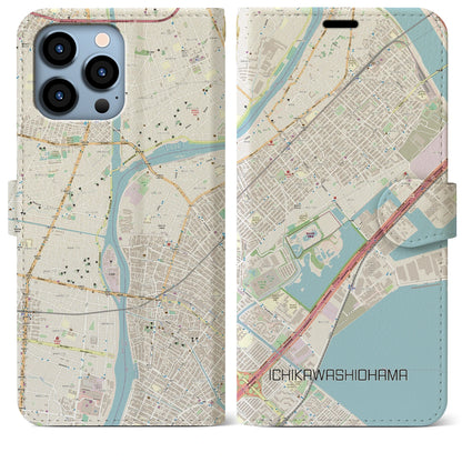 【市川塩浜（千葉県）】地図柄iPhoneケース（手帳タイプ）ナチュラル・iPhone 13 Pro Max 用