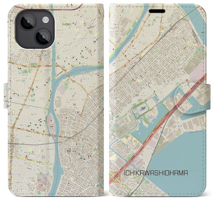 【市川塩浜（千葉県）】地図柄iPhoneケース（手帳タイプ）ナチュラル・iPhone 14 Plus 用