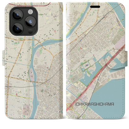 【市川塩浜（千葉県）】地図柄iPhoneケース（手帳タイプ）ナチュラル・iPhone 15 Pro Max 用