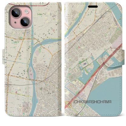 【市川塩浜（千葉県）】地図柄iPhoneケース（手帳タイプ）ナチュラル・iPhone 15 Plus 用