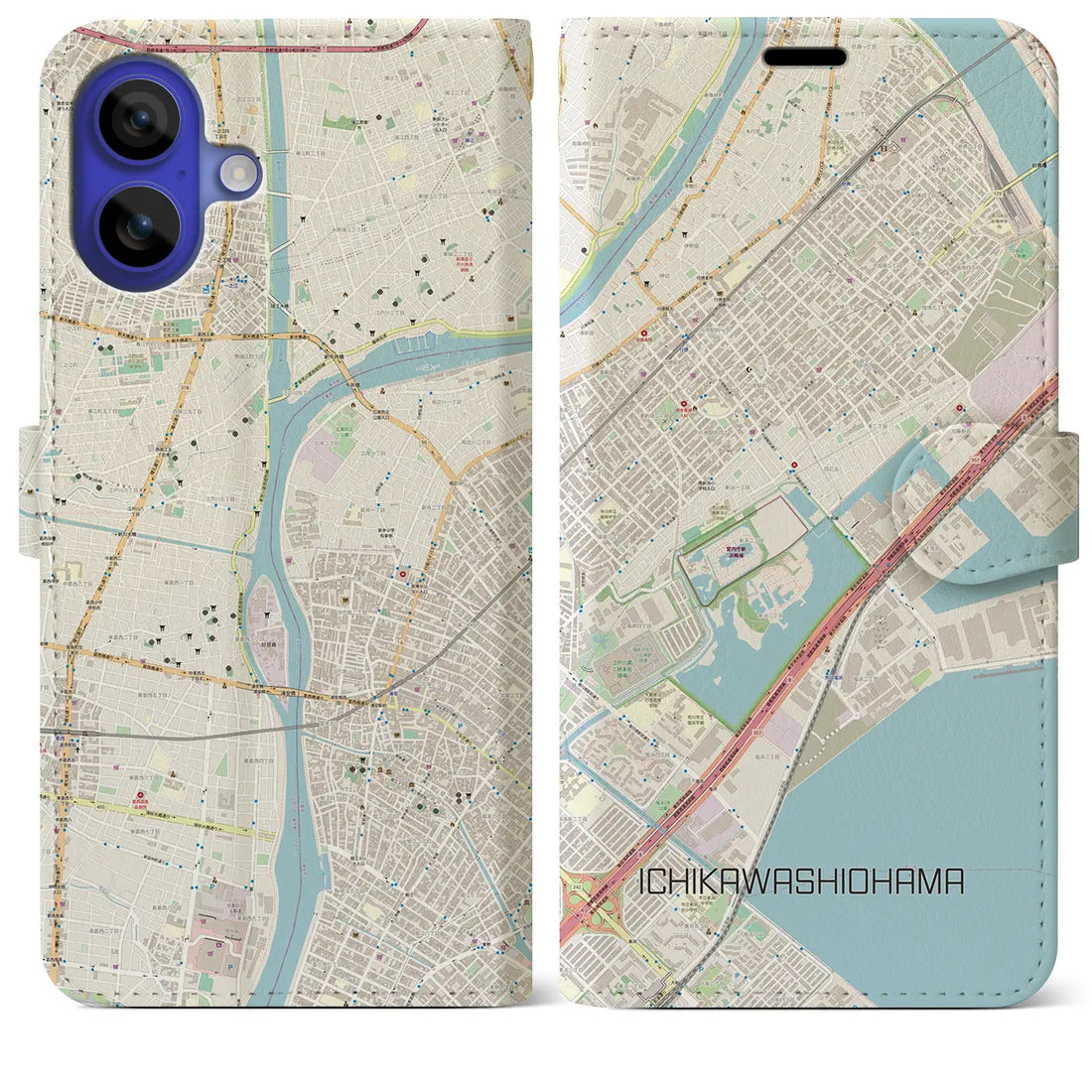 【市川塩浜(千葉県)】地図柄iPhoneケース(手帳タイプ)ナチュラル・iPhone 16 Pro Max 用