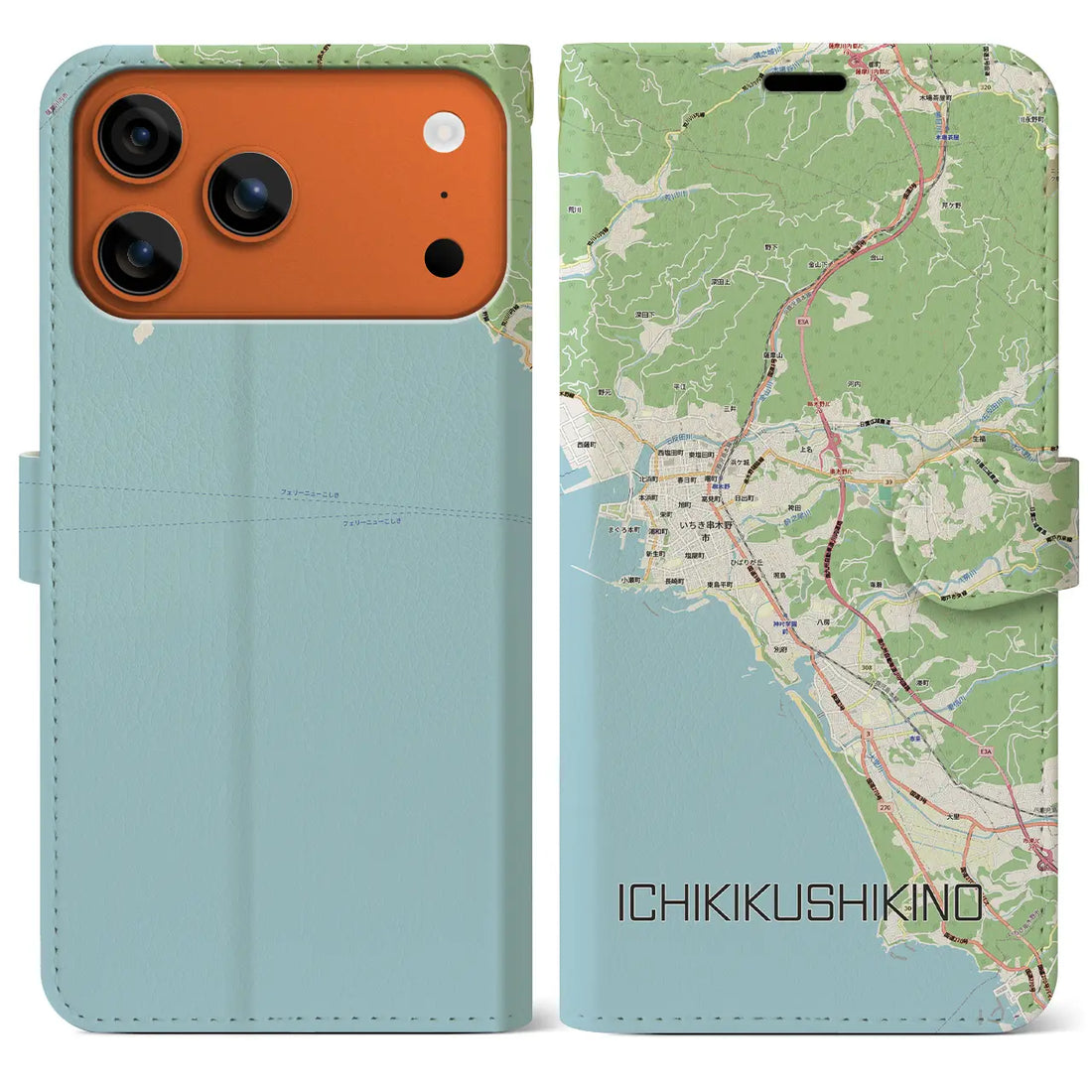 【いちき串木野（鹿児島県）】地図柄iPhoneケース（手帳タイプ）モノトーン・iPhone 17 Pro Max 用