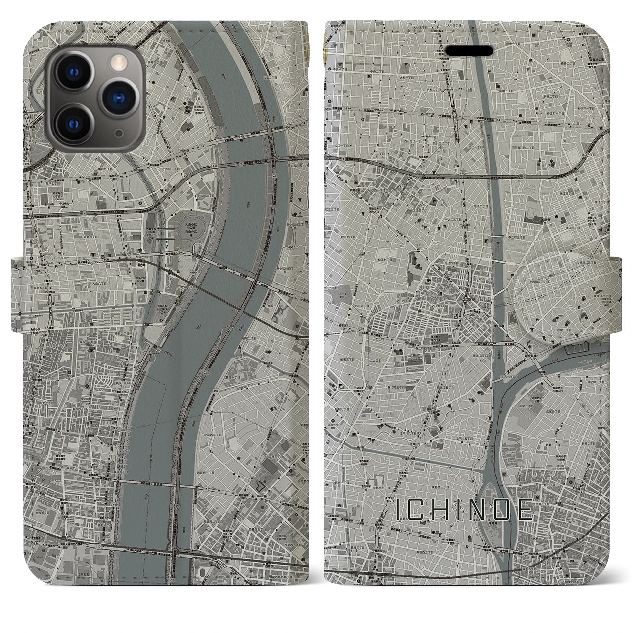 【一之江】地図柄iPhoneケース（手帳両面タイプ・モノトーン）iPhone 11 Pro Max 用