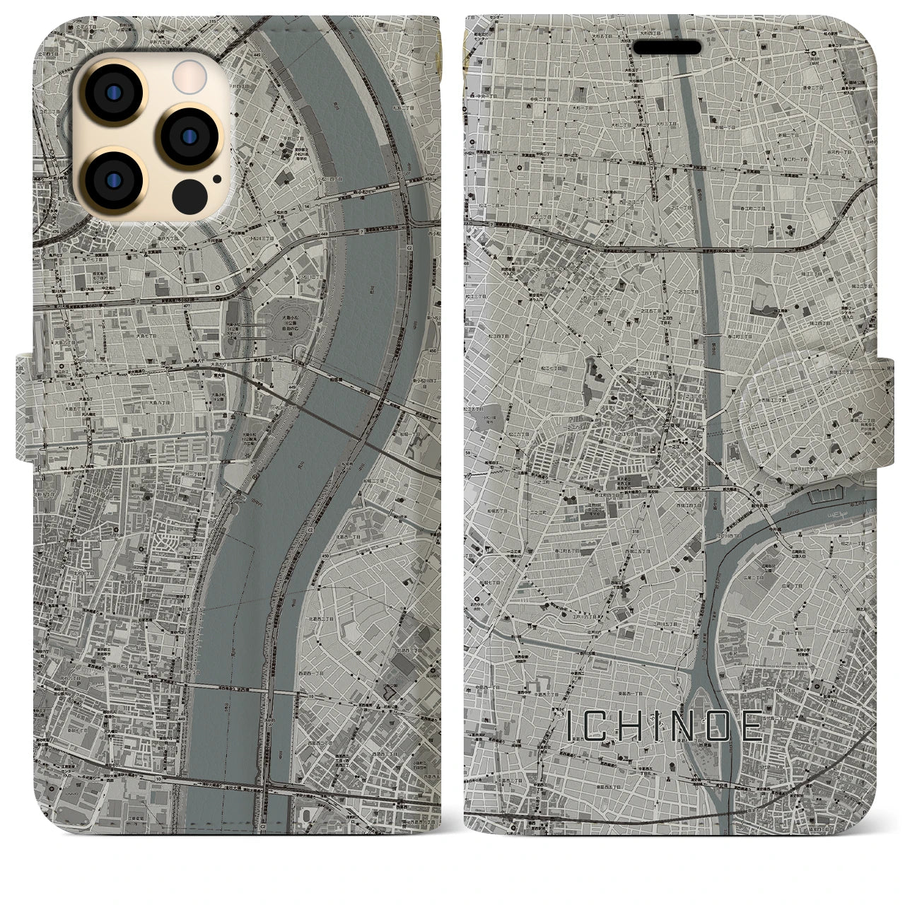 【一之江】地図柄iPhoneケース（手帳両面タイプ・モノトーン）iPhone 12 Pro Max 用