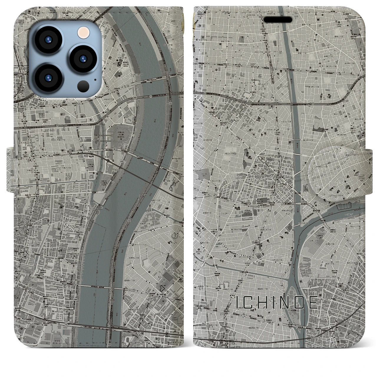 【一之江】地図柄iPhoneケース（手帳両面タイプ・モノトーン）iPhone 13 Pro Max 用