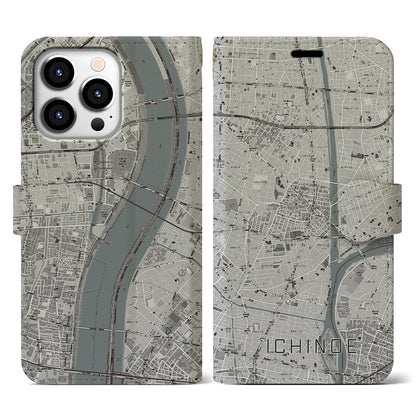 【一之江（東京都）】地図柄iPhoneケース（手帳タイプ）モノトーン・iPhone 13 Pro 用