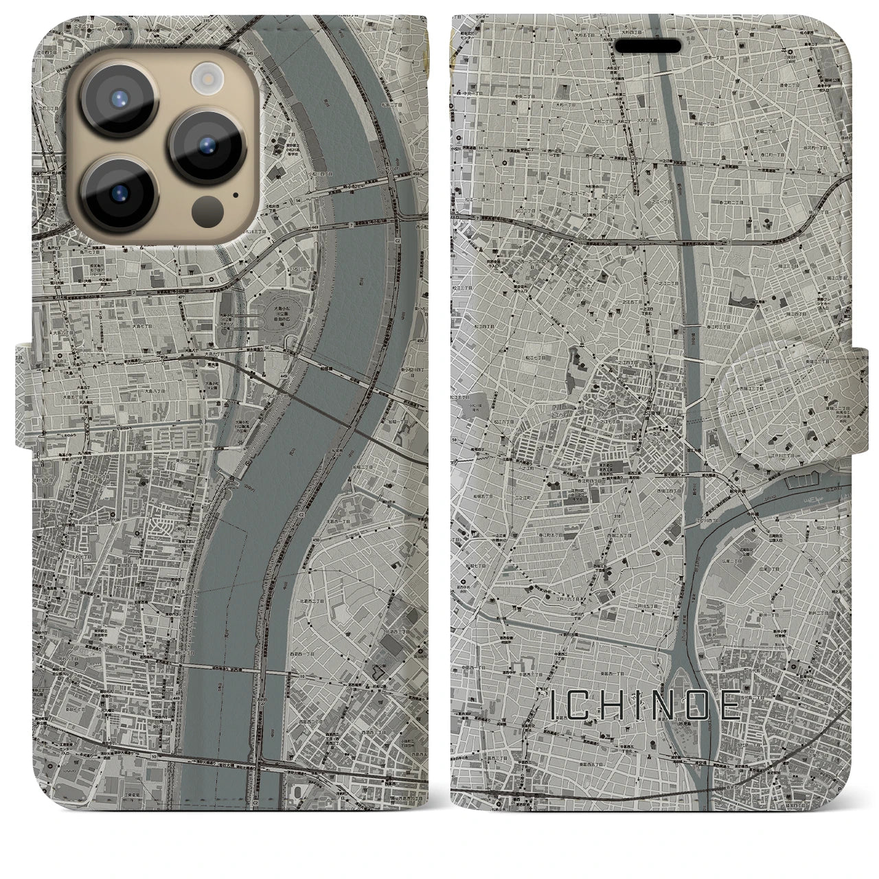 【一之江】地図柄iPhoneケース（手帳両面タイプ・モノトーン）iPhone 14 Pro Max 用