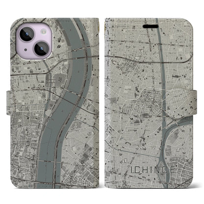 【一之江（東京都）】地図柄iPhoneケース（手帳タイプ）モノトーン・iPhone 14 用