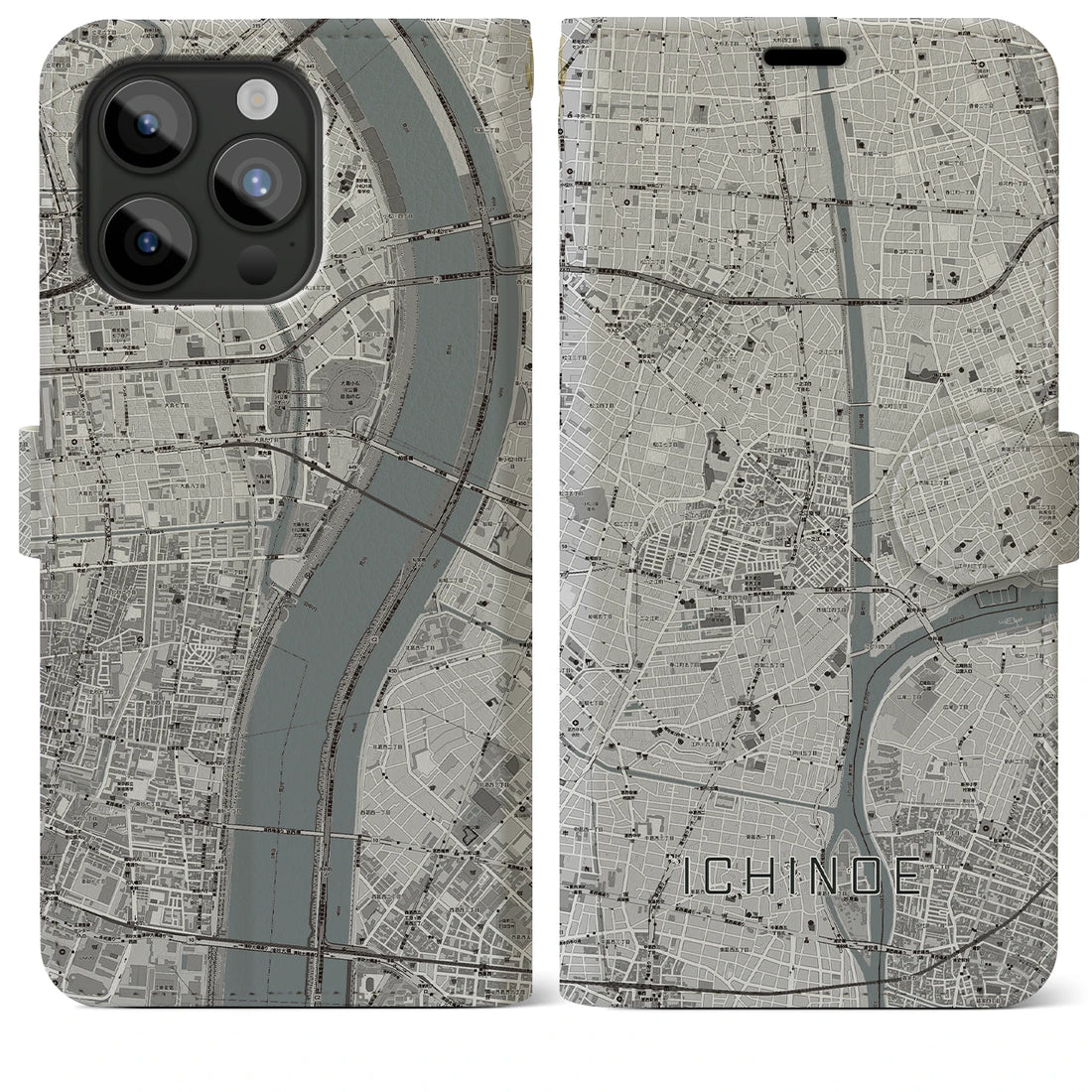 【一之江】地図柄iPhoneケース（手帳両面タイプ・モノトーン）iPhone 15 Pro Max 用