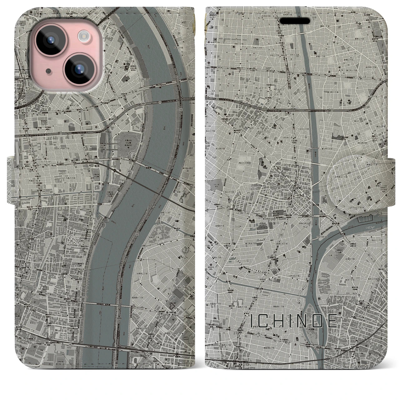 【一之江】地図柄iPhoneケース（手帳両面タイプ・モノトーン）iPhone 15 Plus 用