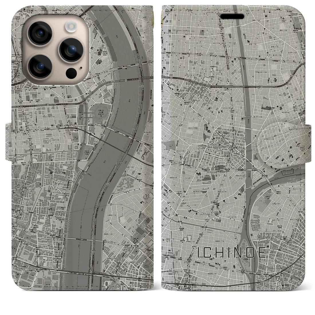 【一之江（東京都）】地図柄iPhoneケース（手帳タイプ）モノトーン・iPhone 16 Plus 用