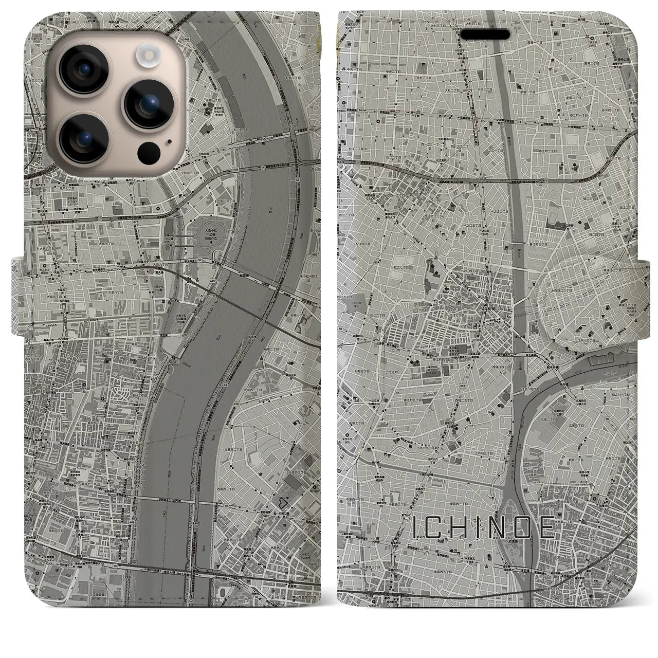 【一之江（東京都）】地図柄iPhoneケース（手帳タイプ）モノトーン・iPhone 16 Plus 用