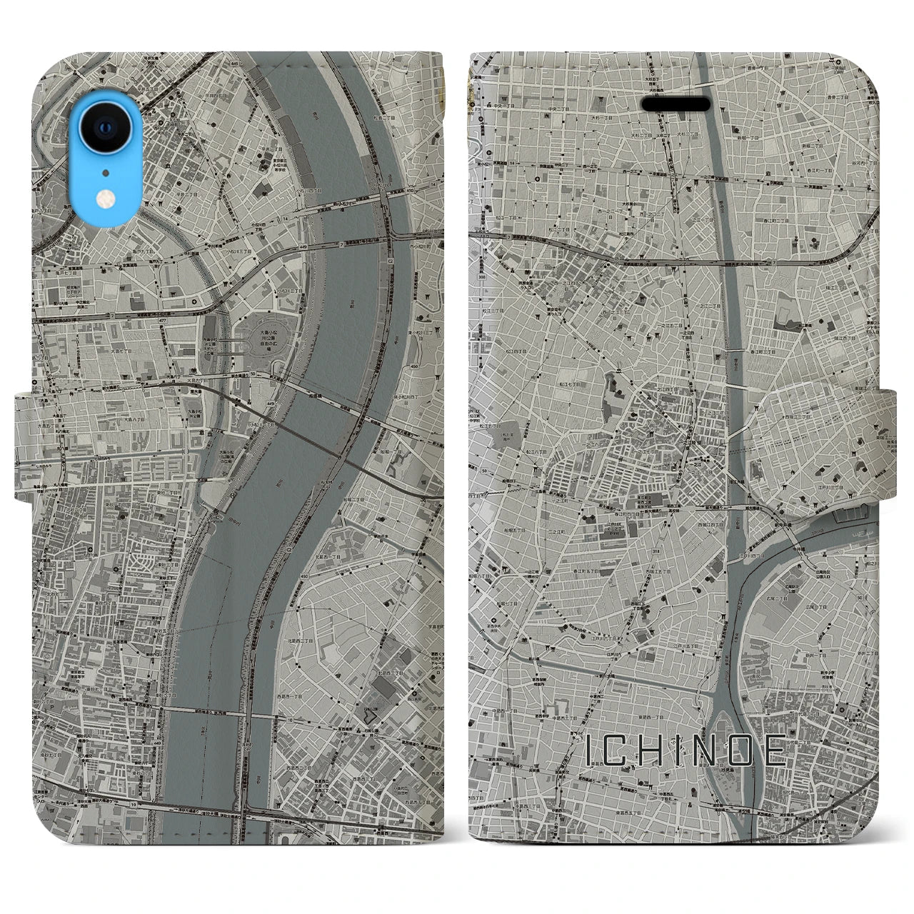 【一之江】地図柄iPhoneケース（手帳両面タイプ・モノトーン）iPhone XR 用