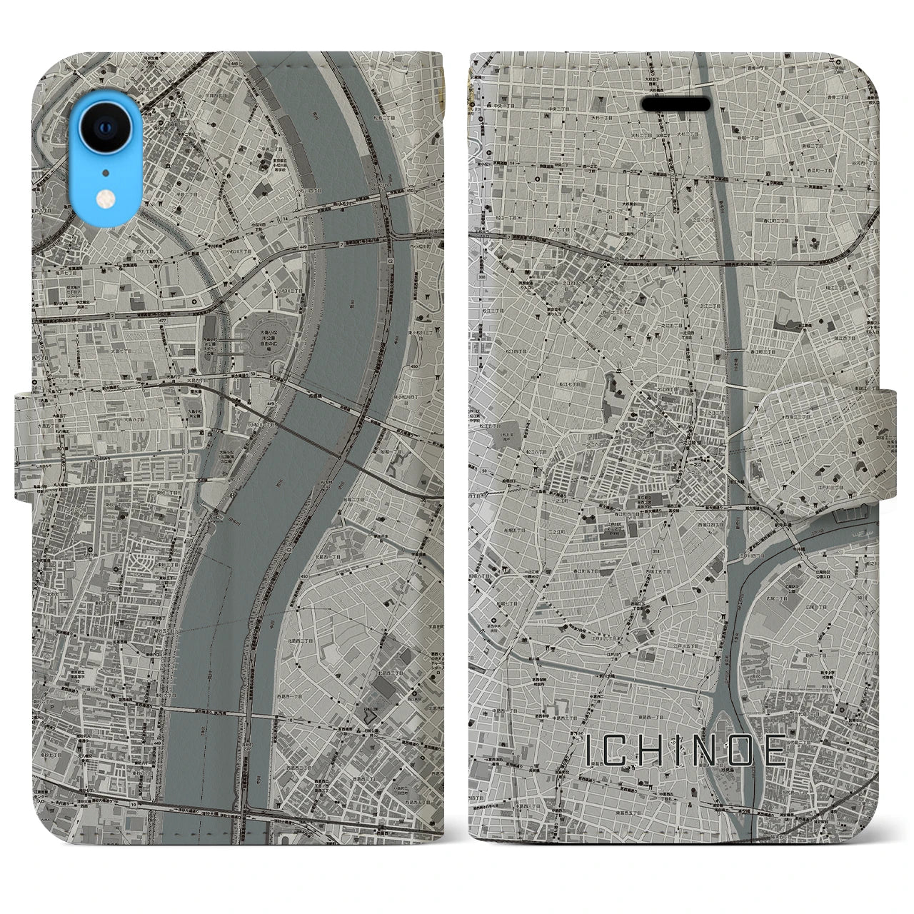 【一之江（東京都）】地図柄iPhoneケース（手帳タイプ）モノトーン・iPhone XR 用